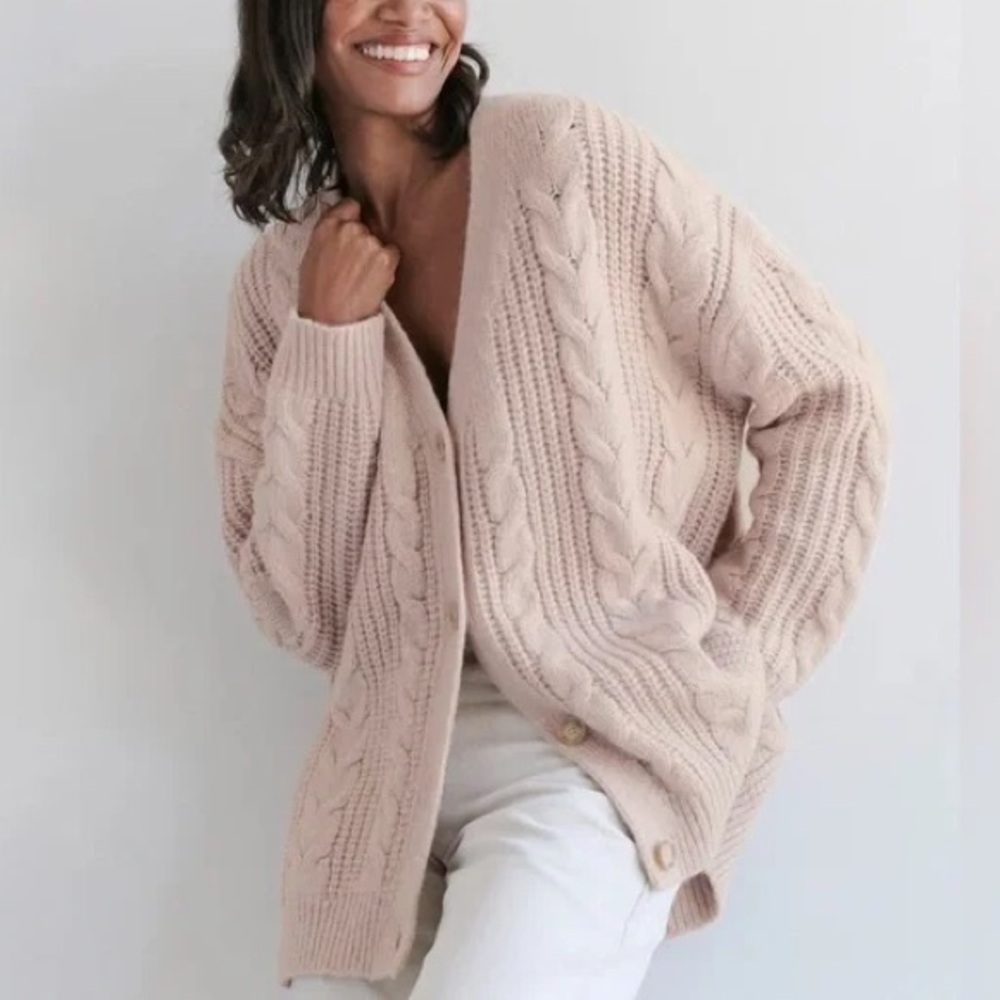 Jenni Kayne Cable Cardigan Womens XS Oatmeal Excellent Alpaca Merino Wool Knit